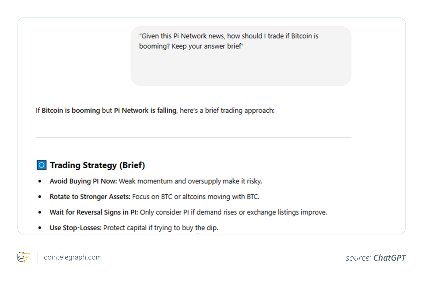 Trading strategy suggested by ChatGPT when BTC is booming and Pi is failing Trading strategy suggested by ChatGPT when BTC is booming and Pi is failing